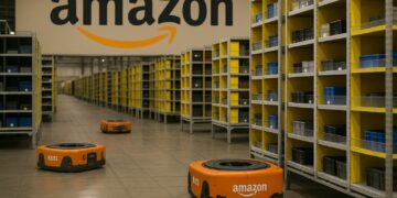 Robots naranjas de Amazon transportando estanterías en un almacén automatizado con pasillos iluminados