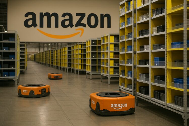 Robots naranjas de Amazon transportando estanterías en un almacén automatizado con pasillos iluminados