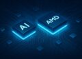 Ilustración conceptual de chips de inteligencia artificial brillando con logo de AMD sobre placa base tecnológica