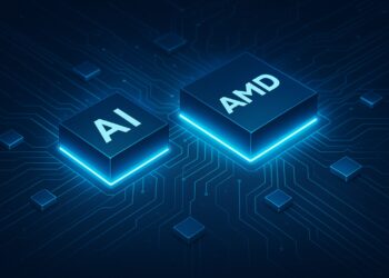 Ilustración conceptual de chips de inteligencia artificial brillando con logo de AMD sobre placa base tecnológica