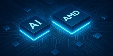 Ilustración conceptual de chips de inteligencia artificial brillando con logo de AMD sobre placa base tecnológica