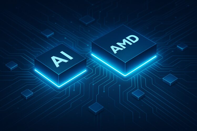 Ilustración conceptual de chips de inteligencia artificial brillando con logo de AMD sobre placa base tecnológica