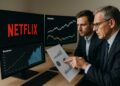 Dos analistas observan gráficos de ingresos en pantallas con el logo de Netflix al fondo