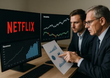 Dos analistas observan gráficos de ingresos en pantallas con el logo de Netflix al fondo