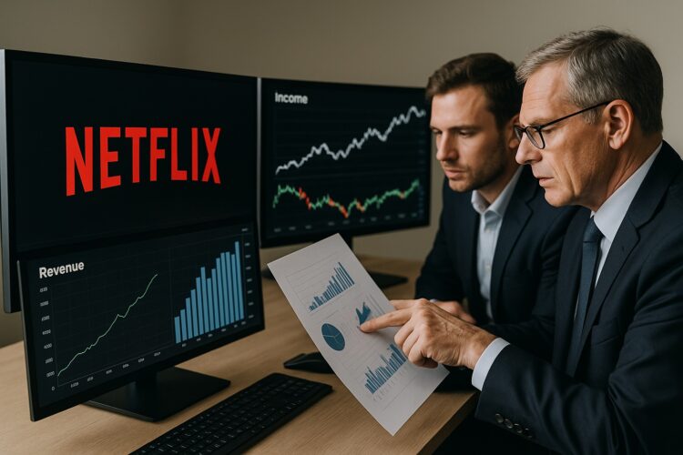 Dos analistas observan gráficos de ingresos en pantallas con el logo de Netflix al fondo