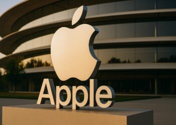 Logo de Apple grande y centrado sobre el Apple Park con luz cálida y textura realista.