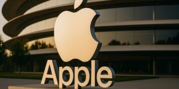 Logo de Apple grande y centrado sobre el Apple Park con luz cálida y textura realista.