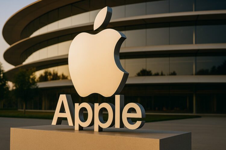 Logo de Apple grande y centrado sobre el Apple Park con luz cálida y textura realista.