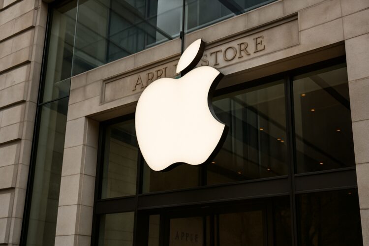Fachada de Apple Store en EE. UU. con el logo de Apple iluminado sobre la entrada