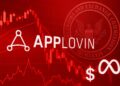 Imagen editorial del logo de AppLovin con gráfico bursátil descendente en rojo y sello difuminado de la SEC al fondo