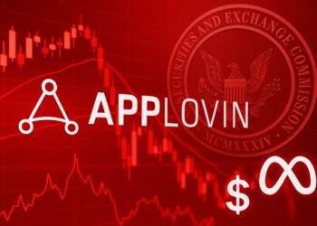 Imagen editorial del logo de AppLovin con gráfico bursátil descendente en rojo y sello difuminado de la SEC al fondo