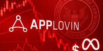 Imagen editorial del logo de AppLovin con gráfico bursátil descendente en rojo y sello difuminado de la SEC al fondo