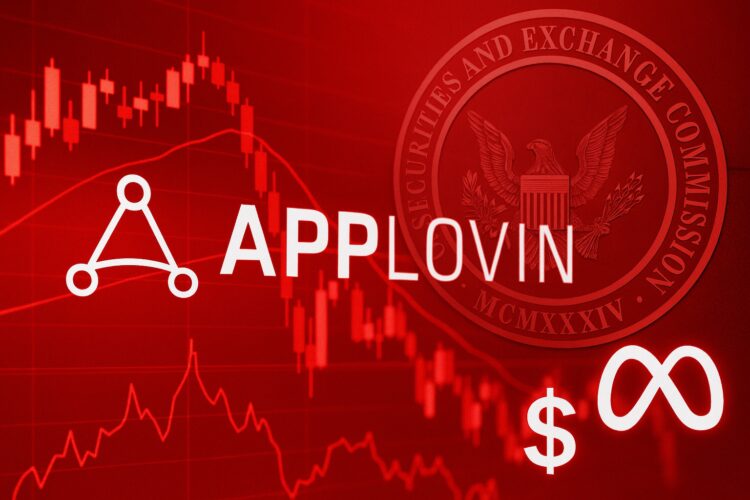 Imagen editorial del logo de AppLovin con gráfico bursátil descendente en rojo y sello difuminado de la SEC al fondo
