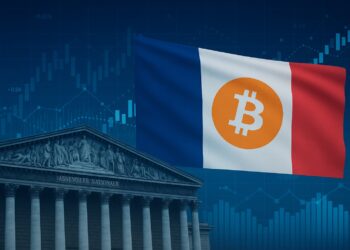 Fachada de la Asamblea Nacional francesa con bandera tricolor que integra el logotipo de Bitcoin sobre fondo de gráficos financieros y red digital