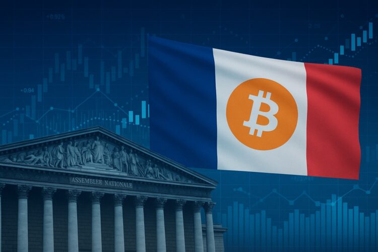 Fachada de la Asamblea Nacional francesa con bandera tricolor que integra el logotipo de Bitcoin sobre fondo de gráficos financieros y red digital