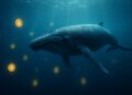 Ballena cripto nada entre monedas digitales brillantes simbolizando acumulación en altcoin.