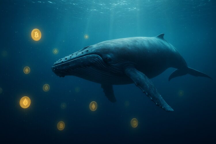 Ballena cripto nada entre monedas digitales brillantes simbolizando acumulación en altcoin.