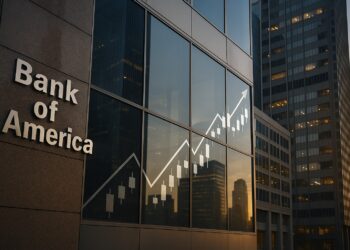 Fachada del Bank of America con reflejos bursátiles que simbolizan el potencial de las acciones.