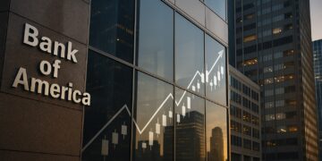 Fachada del Bank of America con reflejos bursátiles que simbolizan el potencial de las acciones.