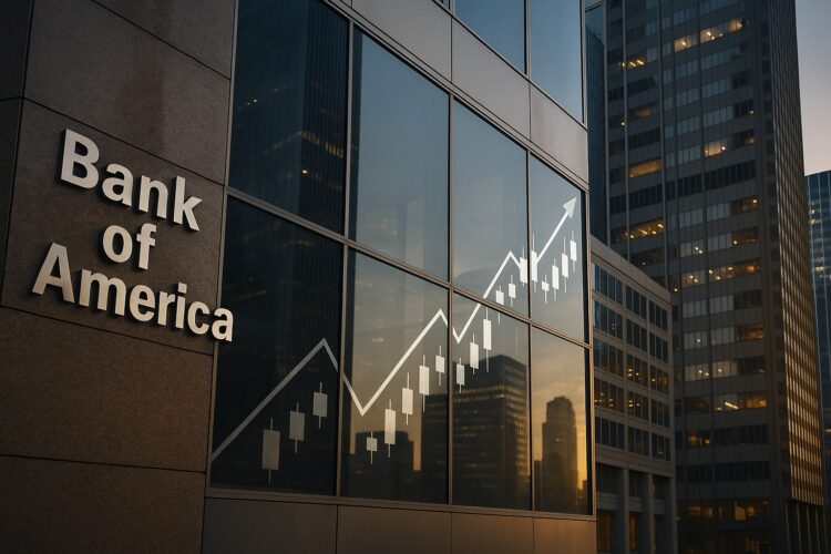 Fachada del Bank of America con reflejos bursátiles que simbolizan el potencial de las acciones.