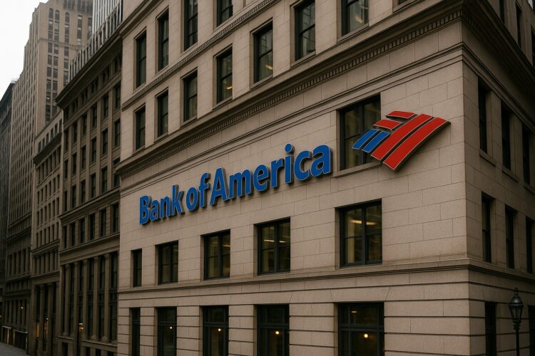 Edificio de Bank of America con su logotipo en una calle tipo Wall Street rodeada de rascacielos
