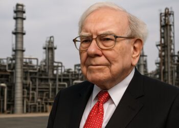 Warren Buffett frente a un fondo industrial que refleja el acuerdo de Berkshire con OxyChem.