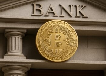 Bitcoin integrado en la arquitectura de un banco simboliza confianza institucional.