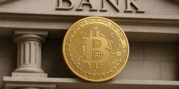 Bitcoin integrado en la arquitectura de un banco simboliza confianza institucional.
