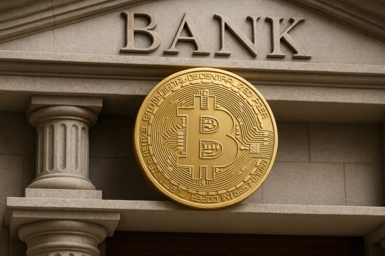 Bitcoin integrado en la arquitectura de un banco simboliza confianza institucional.
