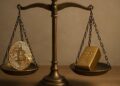 Balanza metálica con una moneda de Bitcoin y una barra de oro que simbolizan su valor relativo.