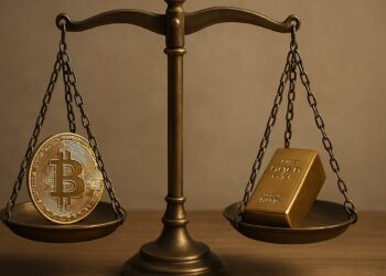 Balanza metálica con una moneda de Bitcoin y una barra de oro que simbolizan su valor relativo.