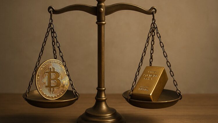 Balanza metálica con una moneda de Bitcoin y una barra de oro que simbolizan su valor relativo.