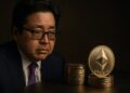 Tom Lee observa un conjunto de monedas de Ether que representan la estrategia de BitMine.