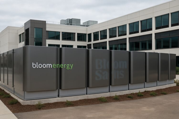 Fotografía editorial de una planta de Bloom Energy con celdas de energía frente a edificio industrial moderno