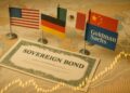 Ilustración de bonos soberanos sobre un mapa financiero con las banderas de Estados Unidos, Alemania, México y China.