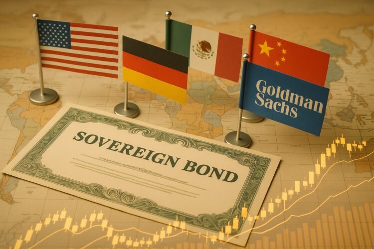 Ilustración de bonos soberanos sobre un mapa financiero con las banderas de Estados Unidos, Alemania, México y China.