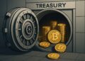 Ilustración conceptual de una bóveda del Tesoro abierta con monedas de Bitcoin apiladas en su interior