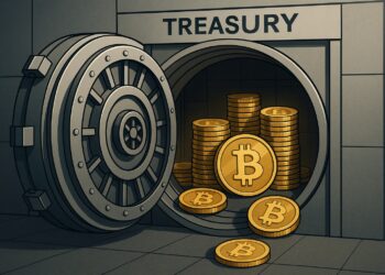 Ilustración conceptual de una bóveda del Tesoro abierta con monedas de Bitcoin apiladas en su interior