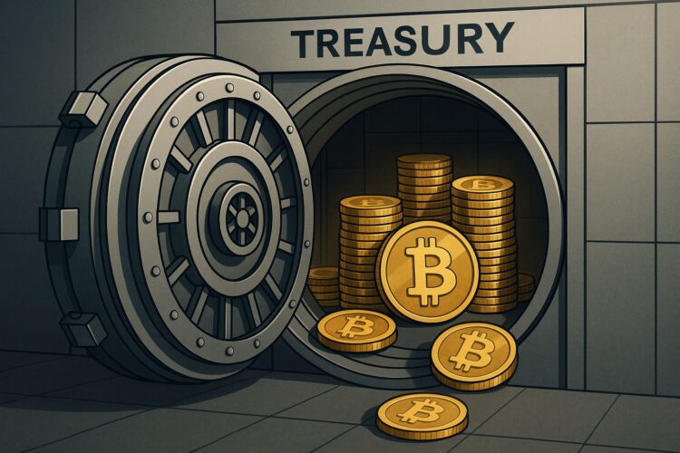 Ilustración conceptual de una bóveda del Tesoro abierta con monedas de Bitcoin apiladas en su interior