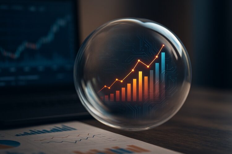Burbuja transparente con reflejos tecnológicos que simboliza la posible burbuja de la IA.