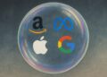Ilustración conceptual de una burbuja financiera con logos de Amazon, Meta, Apple y Google flotando