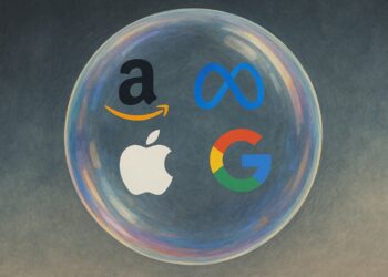Ilustración conceptual de una burbuja financiera con logos de Amazon, Meta, Apple y Google flotando