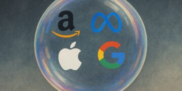 Ilustración conceptual de una burbuja financiera con logos de Amazon, Meta, Apple y Google flotando