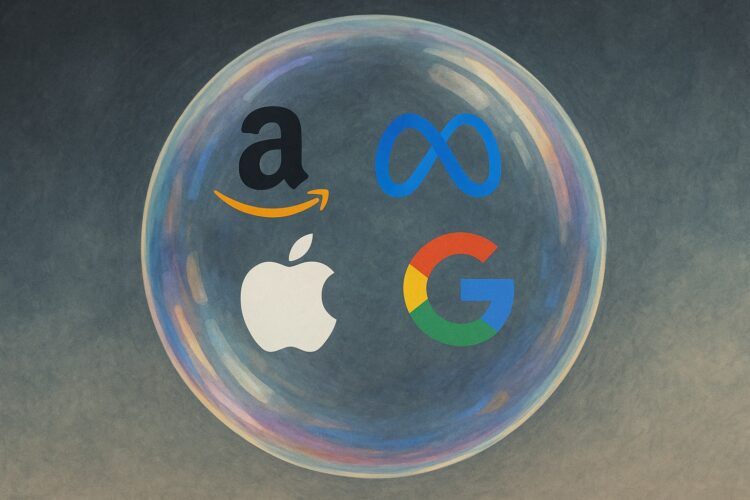 Ilustración conceptual de una burbuja financiera con logos de Amazon, Meta, Apple y Google flotando