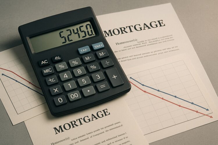 Calculadora financiera sobre contratos de hipoteca, con gráficos de tasas a la baja.