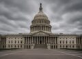 Fotografía editorial del Capitolio de Estados Unidos en cierre de gobierno vacío bajo un cielo gris y nublado