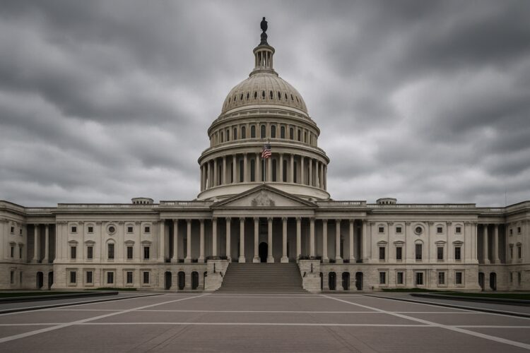Fotografía editorial del Capitolio de Estados Unidos en cierre de gobierno vacío bajo un cielo gris y nublado