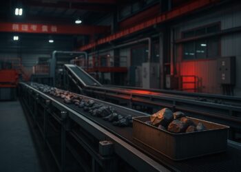 Planta industrial en China procesando minerales de tierras raras con luz fría y realismo.