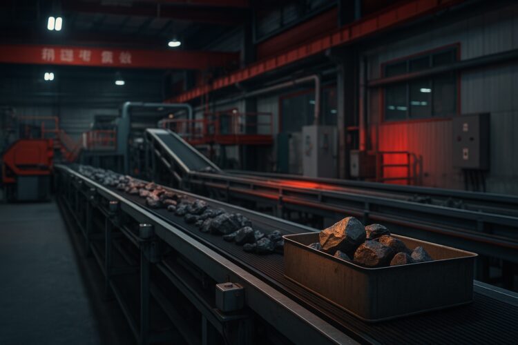 Planta industrial en China procesando minerales de tierras raras con luz fría y realismo.