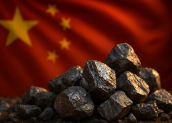 Minerales metálicos frente a la bandera de China simbolizan las restricciones sobre tierras raras.